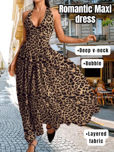 Image of ChiaoLezhee Deep V Neck Dress, Halter Maxi Dresses, Vacation Date Night, Sexy for Women Corset Flowy Wedding Guest Drop Waist