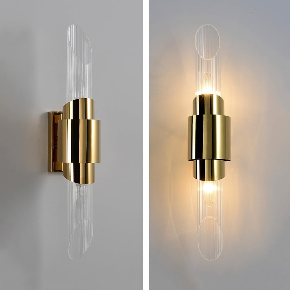 Lampa ścienna, nowoczesna, długa lampa ścienna ze szkła, oświetlenie wewnętrzne up-down do łazienki, chromowane/złote, 2 światła, prążkowane przezroczyste szkło, liniowe do sypialni