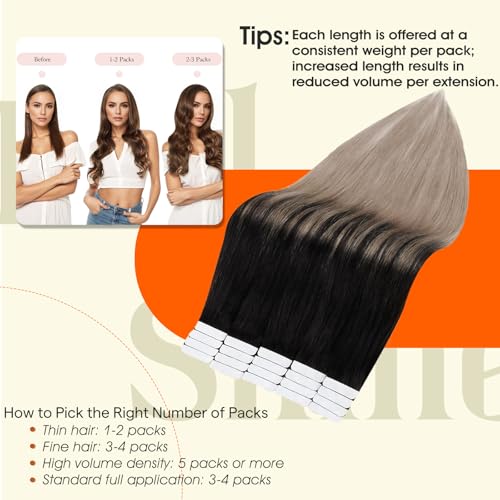 Image of Full Shine Tape ins Human Hair Extensions Color 1B Black Ombre 18 Ash Blonde Remy Hair Extensions Real Human Hair Tape in 22Inch 50Gram Straight Seamless Skin Weft 20Pcs Add Volume