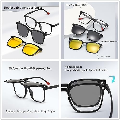 3 in 1 Nearsighted Glasses Magnetic Sunglasses/Night Driving Clip, Myopia Night vision Glasses For Distance (Bright black, -0.5, x)2
