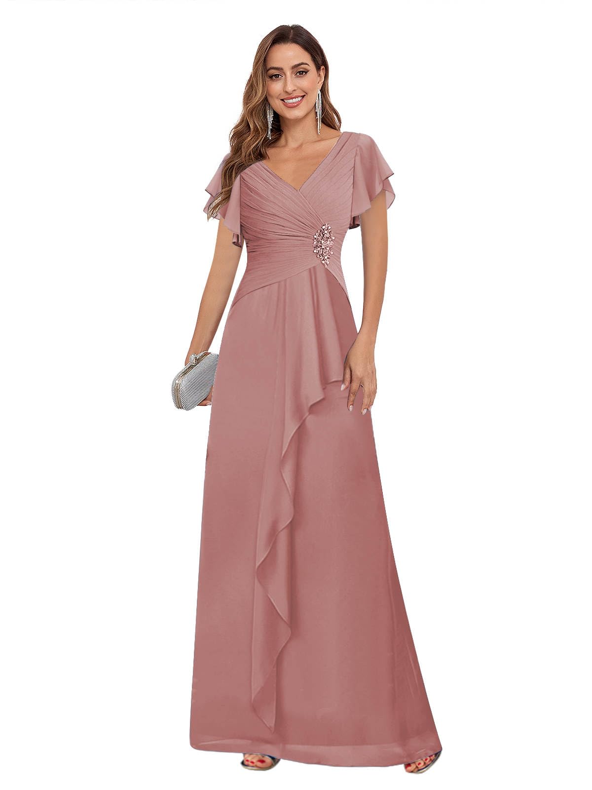 GUKARLEED Womens Ruffles Mother of The Bride Dresses Long V Neck Lace Appliques Formal Dress for Wedding Guest