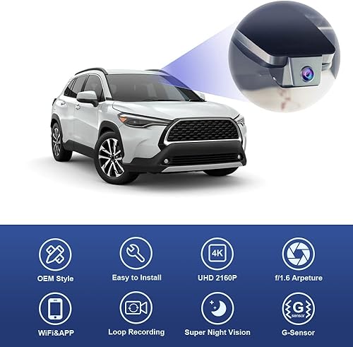 Miniatura 3 de Fitcamx Cámara de salpicadero 4K adecuada para Toyota Corolla Cross 2022 2023 LE L XLE, aspecto OEM integrado, video UHD 2160P, WiFi y aplicación