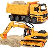 Toy To Enjoy Construction Toys - Excavator & Dump Truck Toy for Kids (Set of 2) – Moveable Claw & Lifting Back – Garbage Truck & Bulldozer Digger – Construction Vehicles for Boys & Kids