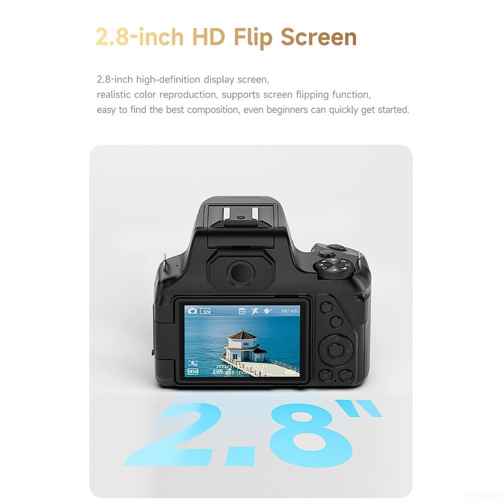 Fotocamera digitale da 68 MP con zoom 28x, fotocamera 4K Vlogging con schermo flip da 2,8", fotocamera reflex portatile con luce di riempimento e paraluce per fotografia (nero)