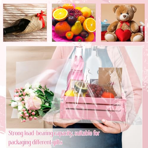 Image of Wonderjune Wooden Baskets for Back to School Gifts Empty Wood Basket with Cellophane Bag Ribbon Greeting Card for Birthday Baby Shower Wedding Housewarming Gifts Packaging(Pink,Small)