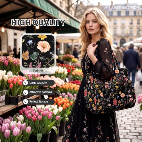 hatisan Black Floral Corduroy Tote Bag for Women,Aesthetic Shoulder Bag — view 3