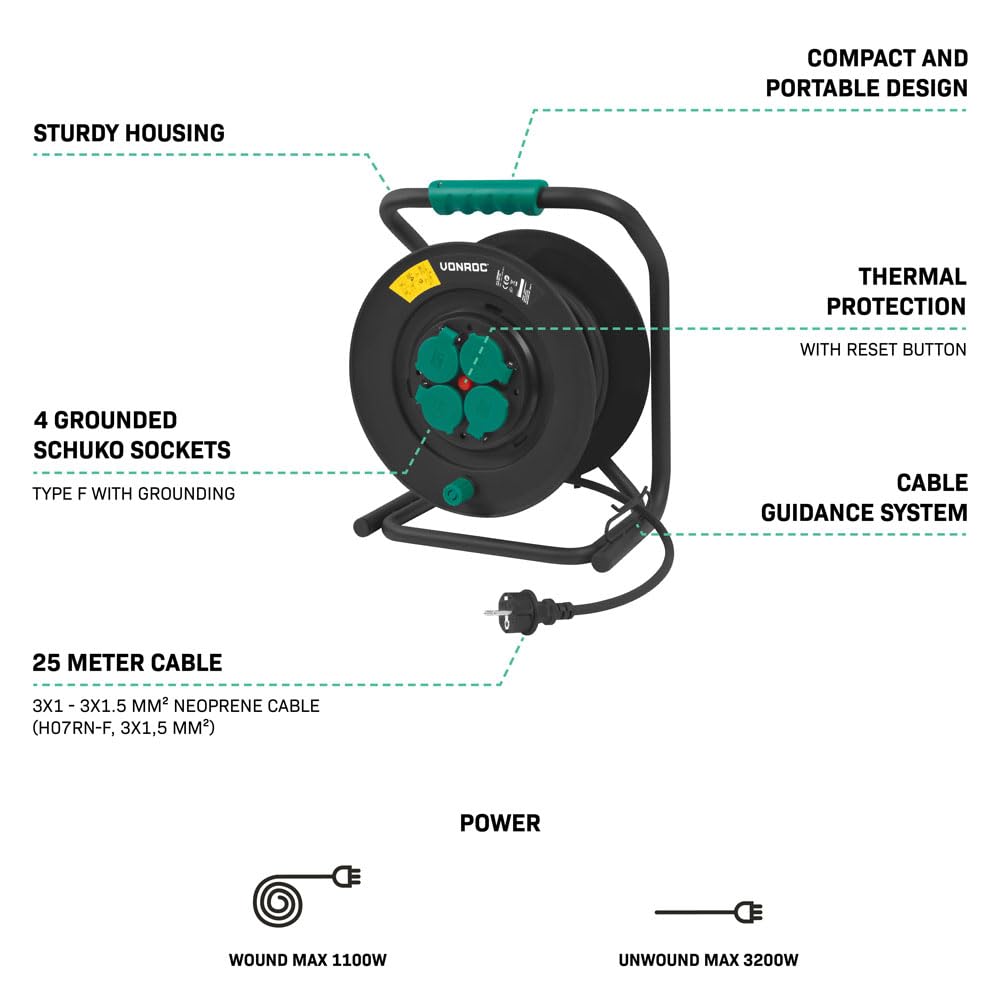 VONROC PRO Enrouleur de câble 25 m – IP44 – Câble en néoprène H07RN-F 3x1,5 mm² – 4 prises Schuko avec mise à la terre – 3000 W (déroulé) / 1100 W (enroulé) – Noyau fixe – Protection thermique