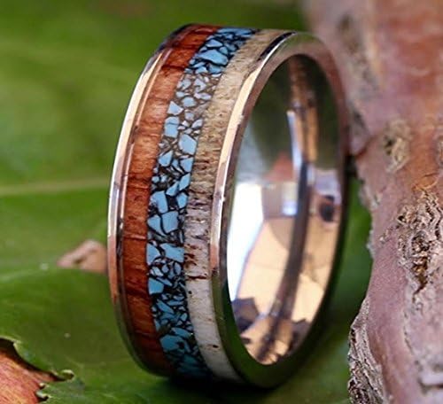 2 pc Wedding Rings Set Deer Antler Turquoise Koa Wood Stainless Steel Sterling Silver Engagement Rings