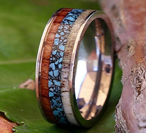2 pc Wedding Rings Set Deer Antler Turquoise Koa Wood Stainless Steel Sterling Silver Engagement Rings3