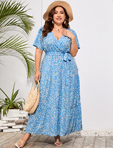 Image of ShopWonder Womens Plus Size V Neck Wrap Maxi Dress High Waist Ruffle Summer Casual Dress with Belt