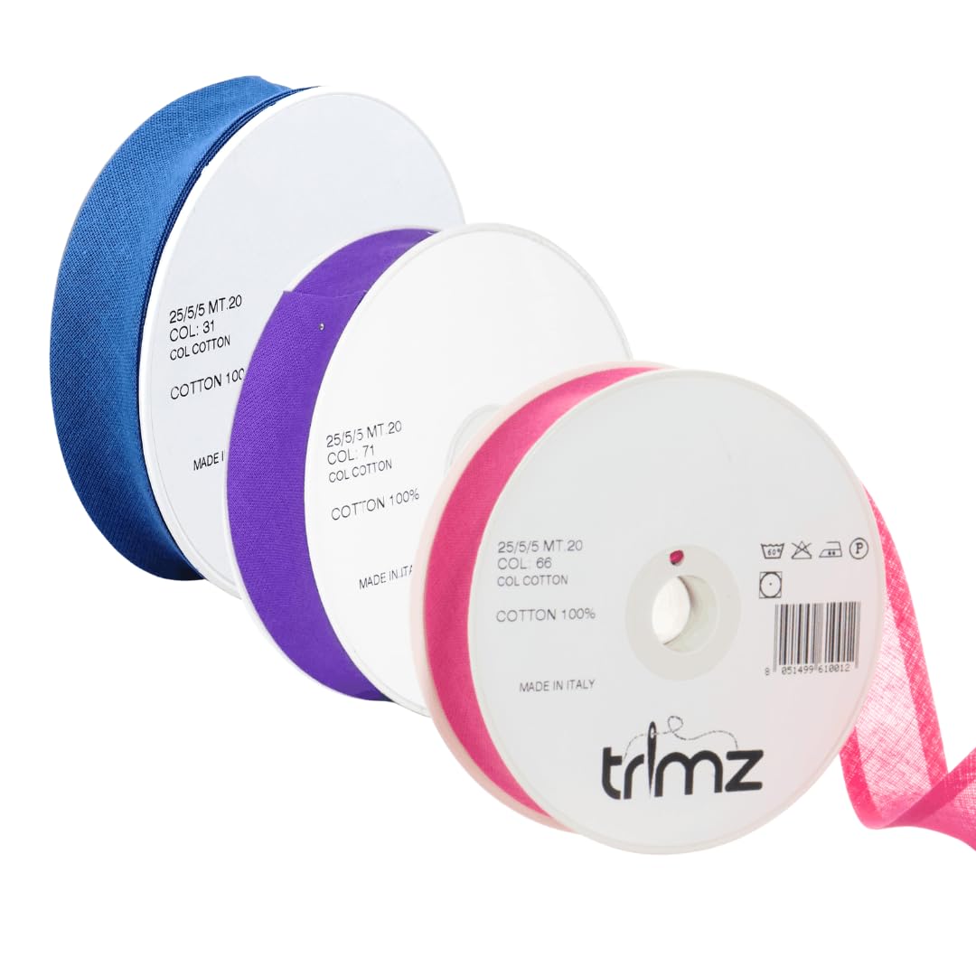 Trimz Electric Brights Trio (Shocking Pink, Purple & Malibu Blue) 3-Pack Premium 100% Cotton Bias Binding Tape (25mm) - 60 Meters Total - Edging for Costumes, Dancewear & Festival Crafts — image 1