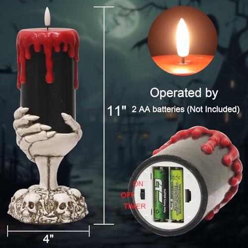 Image of Black Flameless Flickering Candles with Timer, Blood Dripping Wax Effect Battery Operated LED Pillar Candle with Skeleton Hand Candle Holder Halloween Table Centerpiece Decor(4 inch x 11 inch)