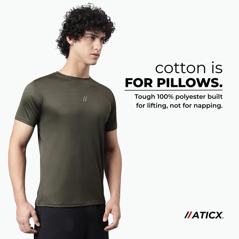 Image of ATICX Slim Fit Polyester Sports T-Shirt for Men - Round Neck Quick Dry Fit Half Sleeve Breathable Stylish Gym & Workout Tee - Lightweight Running Cycling Football Swimming Training Sportswear Top