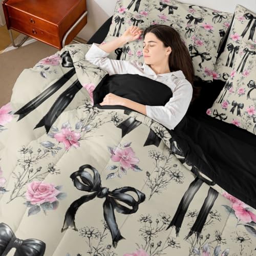 Image of Black Bow Tie 7 Piece Comforter Set Full Bed in a Bag | Boho Floral Pink Flowers Bedding Sets Princess Bow Comforter and Sheet Set, Girly Ribbon Bowknot Bed Sets,Cute Room Decor Aesthetic Kawaii