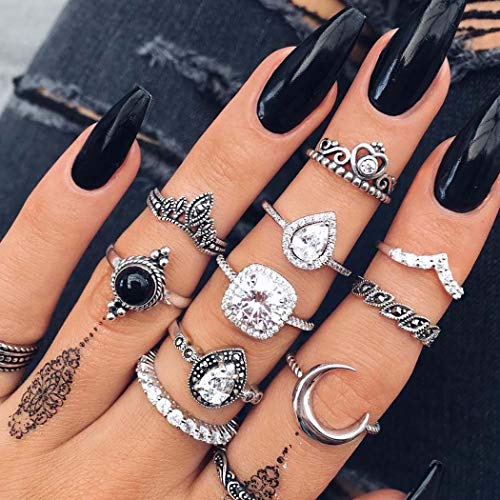 Twinklede Boho Finger Ring Set Sliver Rhinestone Joint Knuckle Rings Crystal Moon Stackable Ring for Women and Girls (Pack of 11)