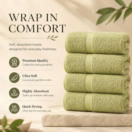 Image of Sulfar 100% Combed Cotton, Quick Drying Highly Absorbent, Luxury Hand Towel Set (Pack of 4, 40 X 70 cm) Misty Green