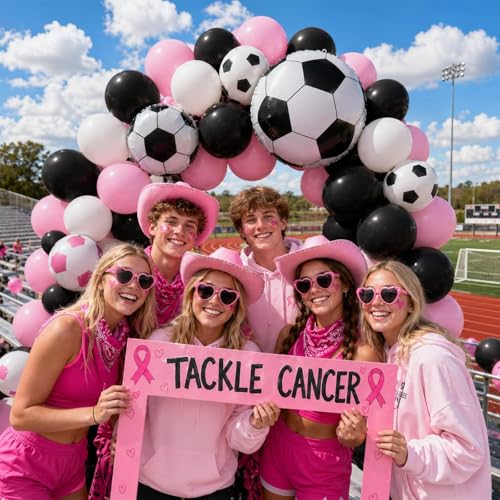 Image of Pink Soccer Balloons, 12Inch Pastel Pink and Black White Football Print Latex Balloons with Foil Football for Boy Girl Soccer Star Sports Themed Birthday Baby Shower Party Decorations