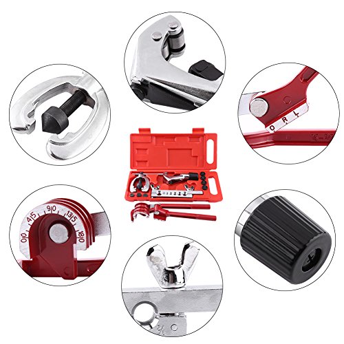 GOTOTOP Kit Svasatura Tubi con Tagliatubi, Piegatubi e Chiave a Cricchetto - Doppia e Singola Svasatura 45° per Rame, Alluminio, Acciaio per Tubi 1/4",5/16",3/8" Pollici