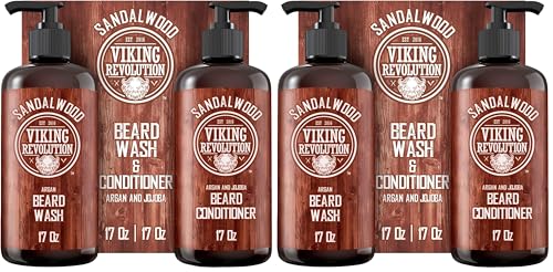 Image of Viking Revolution Beard Wash & Beard Conditioner Set with Argan & Jojoba Oils - Softens and Strengthens - Natural Sandalwood Scent - Beard Shampoo with Beard Oil (17 oz) (Pack of 2)