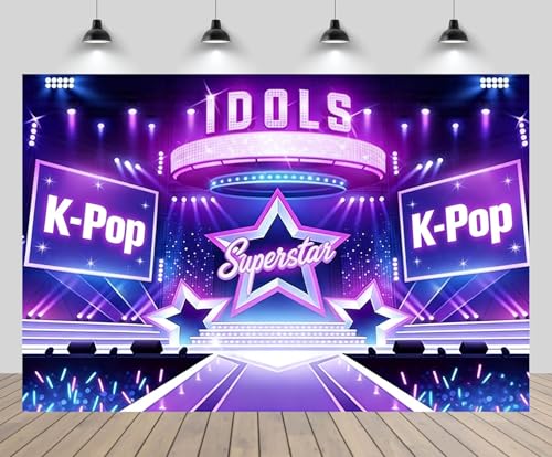 CHNYWORK 7x5ft K-pop Stage Backdrop Superstar Idols Neon Stage Purple Blue Idols Theme Lights Background Drama Play Music Show Kids Birthday Party Decor Photo Booth Props