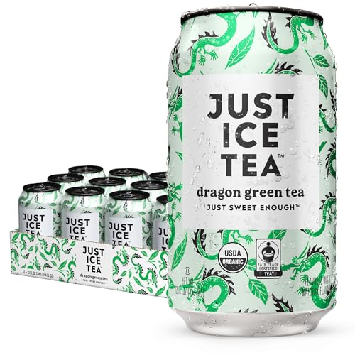 Image of Just Ice Tea, Dragon Green Iced Tea, 12-Pack (12oz Cans), Green Tea, USDA Certified Organic, Real Brewed, Low Calorie, No Artificial Sweeteners, Fair Trade, Made in USA.