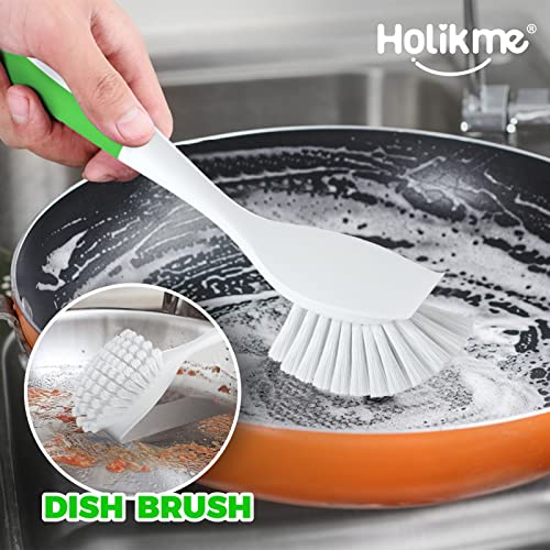 Holikme 7 Pack Kitchen Cleaning Brush Set, Dish Brush For Cleaning, Kitchen Scrub Brush&Bendable Clean Brush&Groove Gap Brush&Scouring Pad For Pot And Pan, Kitchen Sink, Green #TOP1