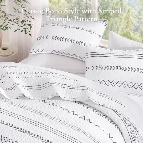 Image of Andency White Oversized Super King Quilt Set, 3 Pieces Boho Lightweight Soft Striped Bedspread for All Season (120 inchx120 inch), Printed Bohemian Polyester Reversible Coverlet Comforter Sets