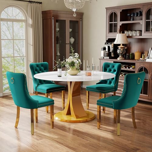 Image of 5-Piece Dining Table Set with 47In Faux Marble Table and 4 Velvet Upholstered Chairs, Modern Scandinavian Furniture for Dining Room Kitchen(Green&Gold)