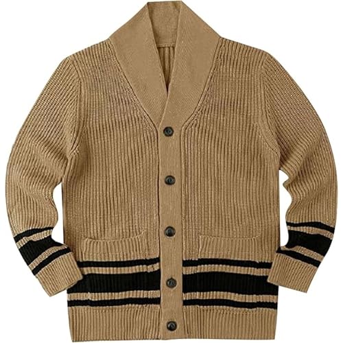 Men's Button Long Sleeve Knit Sweater Cable Knit Cardigan Sweater Casual Winter Cardigans (Large,Khaki)4
