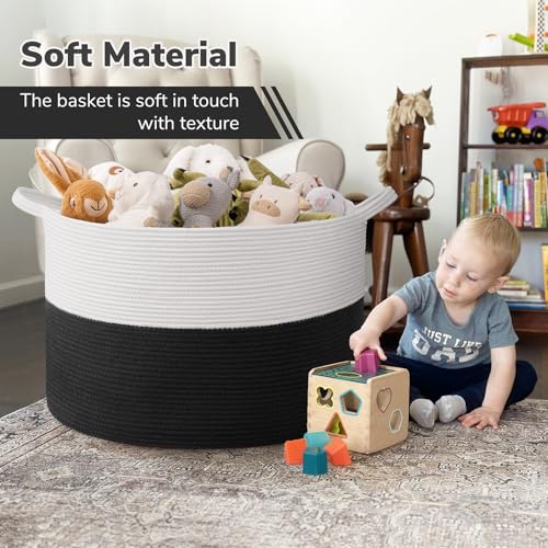 Image of INDRESSME 115L Extra Large Cotton Rope Blanket Basket, Woven Storage for Living Room Toy Baskets Kids Baby Laundry Hamper for Dirty Clothes, Pillows, White & Black