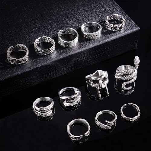 12 Pcs Vintage Rings for Men Adjustable Punk Gothic Viking Feather Angel Wings Snake Mask Rings Set4