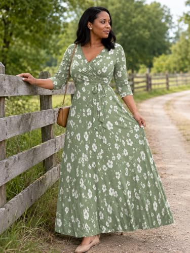 Image of SUZONANA Plus Size Dresses for Women Floral Print Maxi Dress Flowy 3 /4 Sleeve with Belt