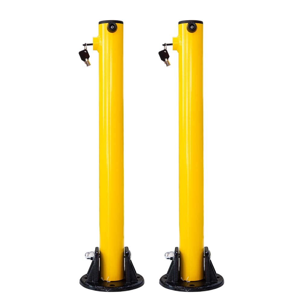 Parking Post Security Barrier - Yellow | 67CM Anti Parking Manual Lock Car Parking Bollard | Metal Fold Down Parking Post with Heavy Duty Base | Bolt Down Bollard with Key Lock - 2Pcs