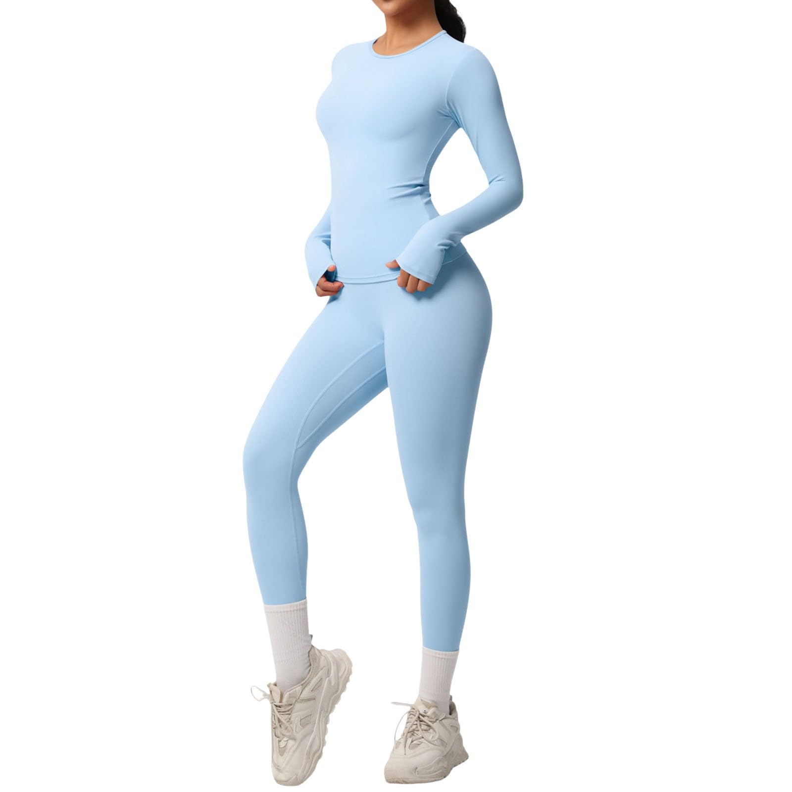 Générique Tenue de yoga respirante à manches longues et pantalon de couleur unie pour le fitness, la course à pied et l'exercice
