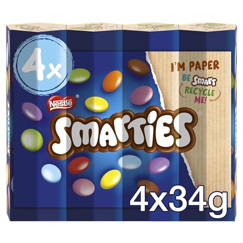 Smarties Milk Chocolate Tubes Multipack - Smooth Milk Chocolate Covered in Colourful Crisp Sugar Shells - 4 x 38g Resealable Tubes
