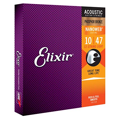 Cuerdas de guitarra acstica de 12 cuerdas Elixir Strings de bronce fosforado con recubrimiento NANOWEB, calibre ligero (.010-.047)