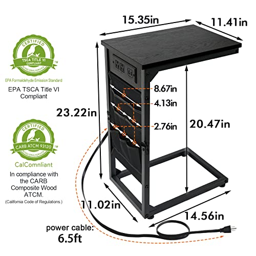 Amhancible C Shaped End Table With Charging Station Set Of 2,Side Table With Usb Ports And Outlets For Small Spaces, C Couch Table Slide Under For Sofa, Snack Tables For Living Room Bedroom Black #TOP2
