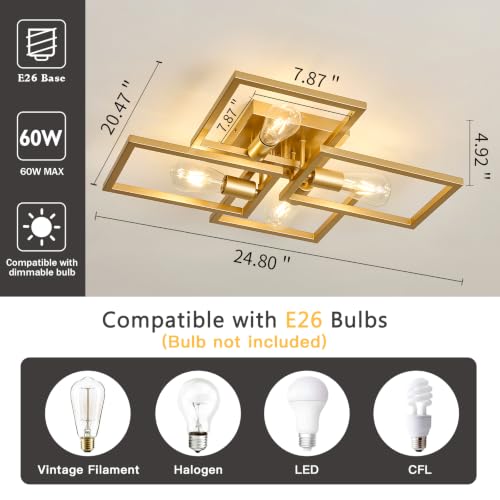 Image of ASGYISA Gold Industrial Semi Flush Mount Ceiling Light Kitchen Light Fixtures 4-Light Modern Large Matte Sputnik Chandelier for Dining Room Bedroom Farmhouse Living Room Closet