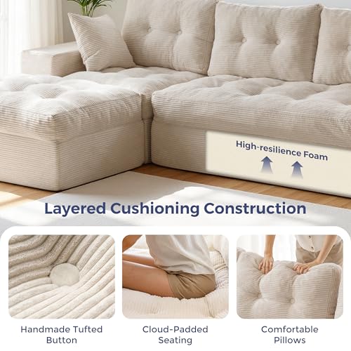 Image of MAXYOYO 96 inch L Shaped Modular Sectional Sofa with Ottoman, Cloud Boneless Couch with Layered Cushion, Upholstered Sofa in a Box, Flexible Module Combination for Living Room, No Assembly, Beige