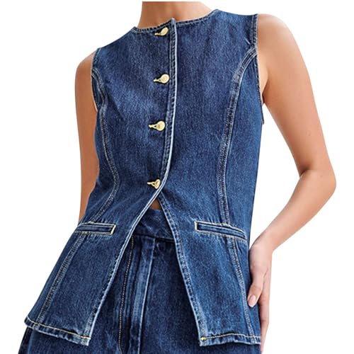 Women's Denim Casual Business Sleeveless Jean Vest Tops Casual Fall Winter Solid Color Button Down Jacket Outerwear