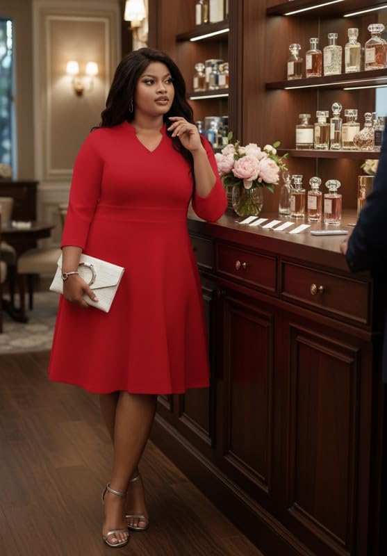 Church Dress for Women V Neck 3/4 Sleeve Midi Causal Cocktail Party A-Line Dresses with Pockets - Image 3