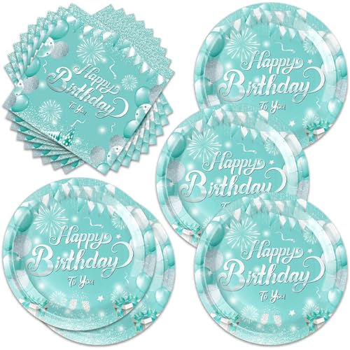40Pcs Teal and Silver Birthday Party Supplies for 20 Guests Teal and Silver Tableware Set Confetti Sprinkles for Women Men Happy Birthday Party Decorations