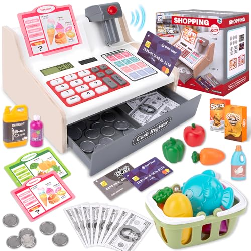 JONRRYIN Caja Registradora Juguetes para Niños, Máquina Registradora Juguete con Escáner Calculadora Comida Dinero, Supermercado Juguete Regalo para Pequeña 3 4 5 6 7 Años (Blanco)
