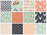 Hello Bear Quilt Fabric Bundle | Navy Mint Peach Woodland Fabrics | Deer Heads | Forest Animals | Art Gallery Fabrics | Bonnie Christine (Fat quarters)