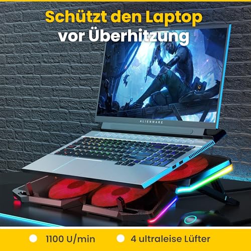 Offgridtec Laptop-Kühler K25 Pro, belüfteter Ständer mit 4 leisen Lüftern, 1100 U/min, 2 USB-Anschlüsse, Höhenverstellbar, Ergonomisches Design für Gaming-Konsolen & Laptops 10-17 Zoll, Rot