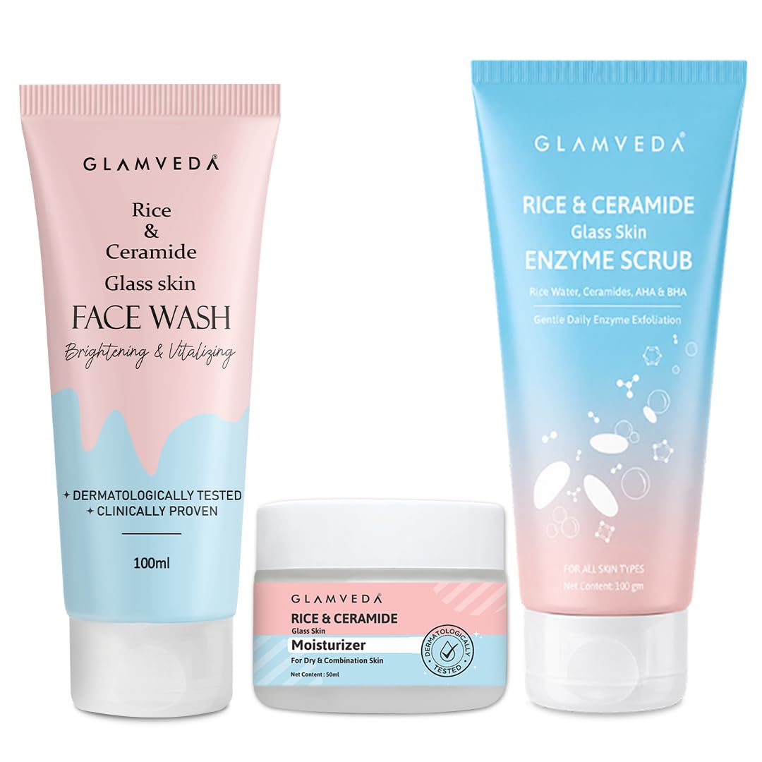 Glamveda Rice & Ceramide Glass Skin Essentials | Face Wash + Enzyme Scrub + Moisturizer Combo | Korean Skincare Routine | Rice Water, Ceramides & AHA BHA | Hydrating & Glow Boosting Kit-image-30
