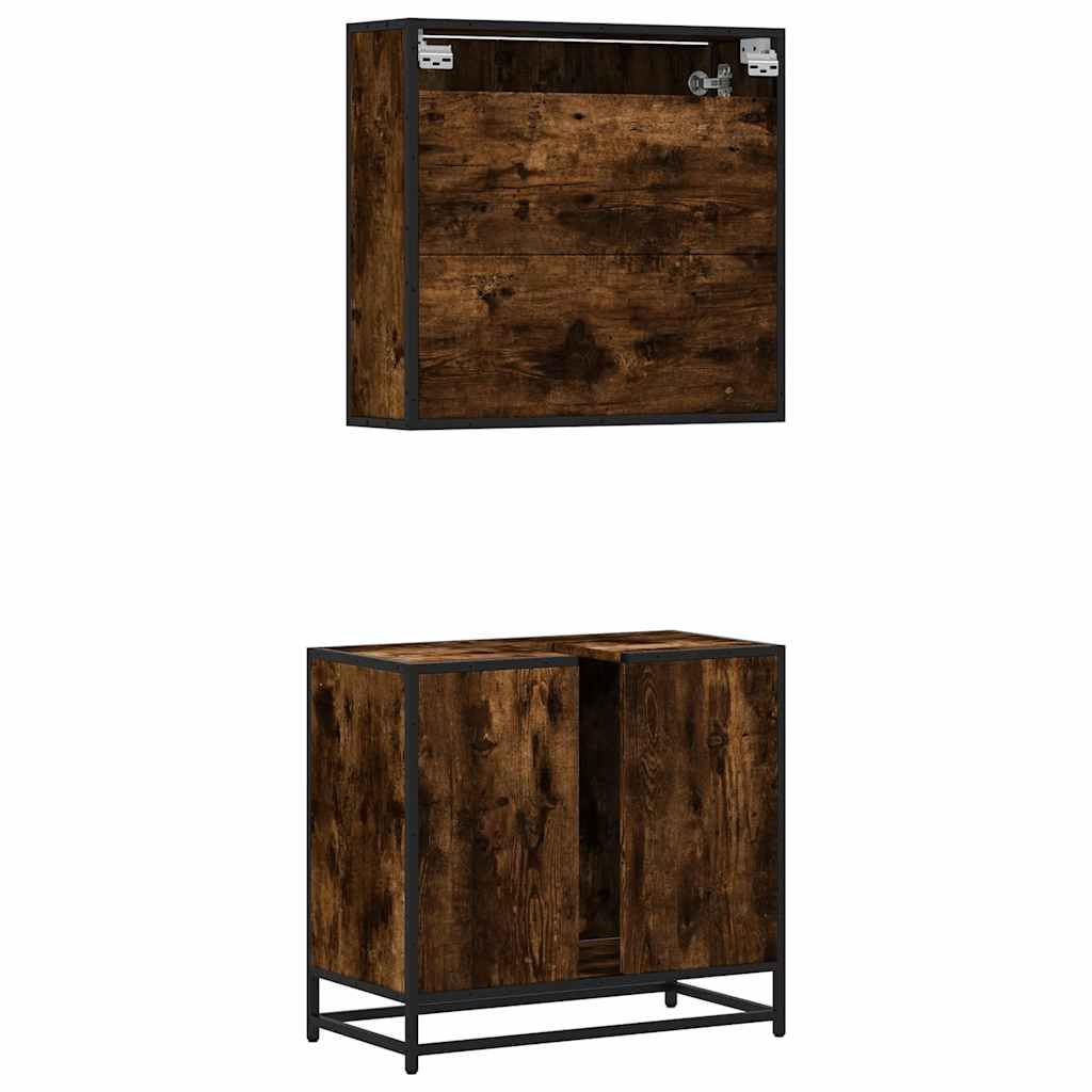Set Mobili da Bagno 2 pz Rovere Fumo in Truciolato e Metallo | Soluzione salvaspazio per il bagno con armadietto a specchio sospeso e mobile sottolavello in stile industriale.