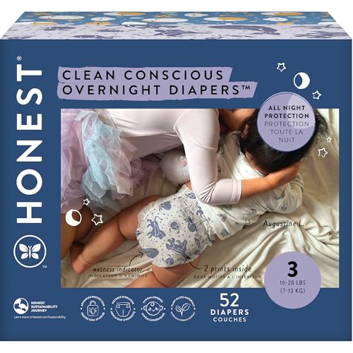 The Honest Company Clean Conscious Overnight Diapers for Sensitive Skin Hypoallergenic Fragrance-Free Baby Cozy Cloud and Star Signs Design Club Box Size 3 (16–28 lbs) 52 Count