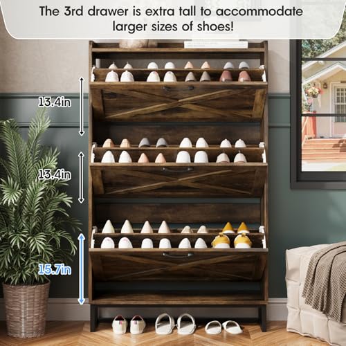 Image of Maupvit Shoe Storage Cabinet with 3 Flip Drawers, Freestanding Organizer with Metal Legs for Entryway, Narrow Shoe Rack Cabinet, Rustic Brown