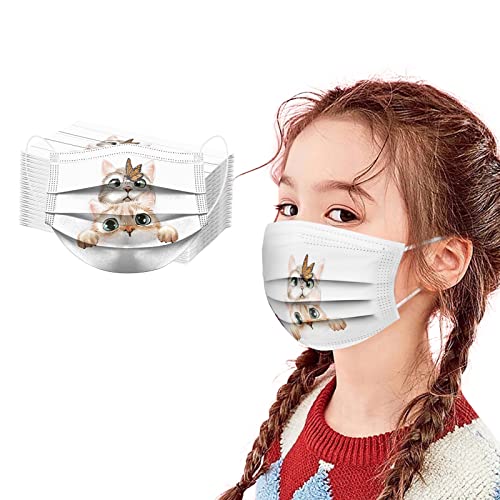 Cat Face Mask Disposable For Kids Girls, Cute Animal Printed Face Mask With Nose Wire, 3Ply Breathable Kitty Face Mask For School (T) #TOP1